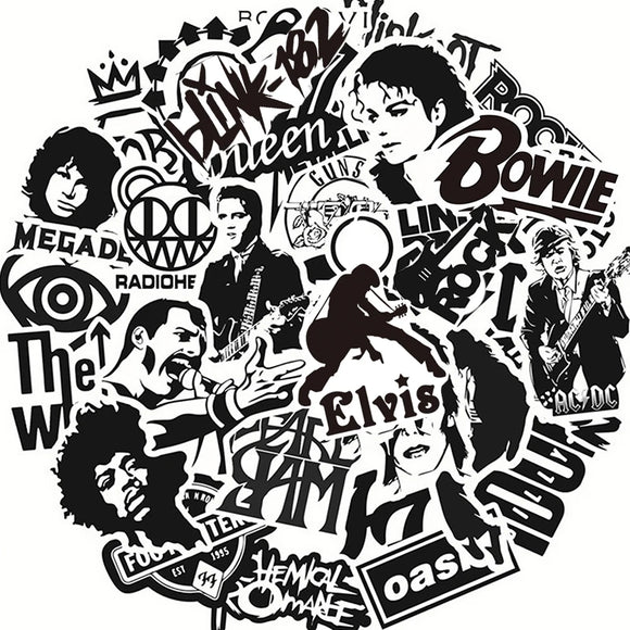 10/30/50pcs Black & White Rock Band Logo Waterproof Stickers